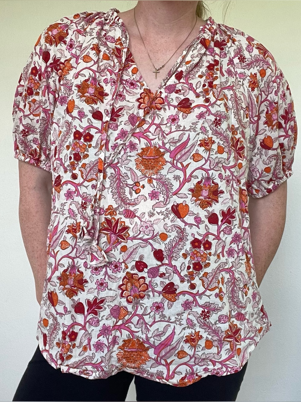 Knox Rose 100% Cotton blouse with pink, orange, and red floral print #floral #co